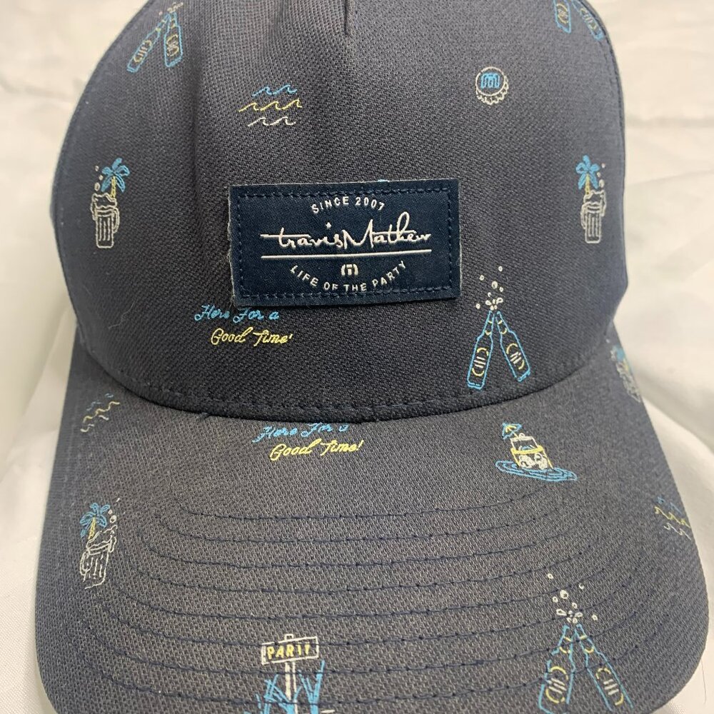 Travis Mathew Snapback Golf Hat Blue Life of the Party Flexfit 110 Tech Cap